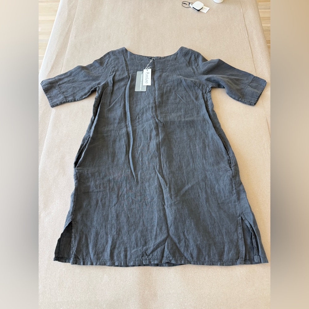 European Linen Tunic Dress in Charcoal Gray — Size OS — NWT